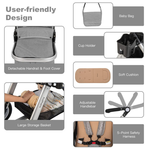 BABY JOY Baby Stroller, 2-in-1 Convertible Bassinet Reclining Stroller, Foldable Pram Carriage with 5-Point Harness, Including Cup Holder, Foot Cover, Diaper Bag, Aluminum Structure, Gray