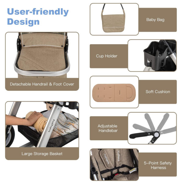 BABY JOY Baby Stroller, 2-in-1 Convertible Bassinet Reclining Stroller, Foldable Pram Carriage with 5-Point Harness, Including Cup Holder, Foot Cover, Diaper Bag, Aluminum Structure, Gray