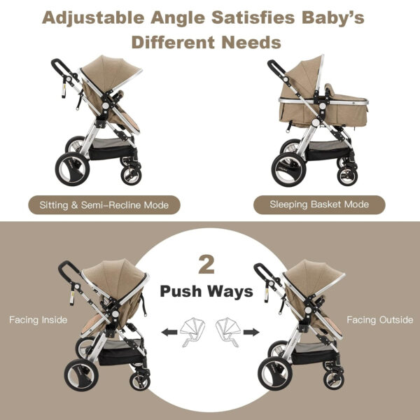 BABY JOY Baby Stroller, 2-in-1 Convertible Bassinet Reclining Stroller, Foldable Pram Carriage with 5-Point Harness, Including Cup Holder, Foot Cover, Diaper Bag, Aluminum Structure, Gray
