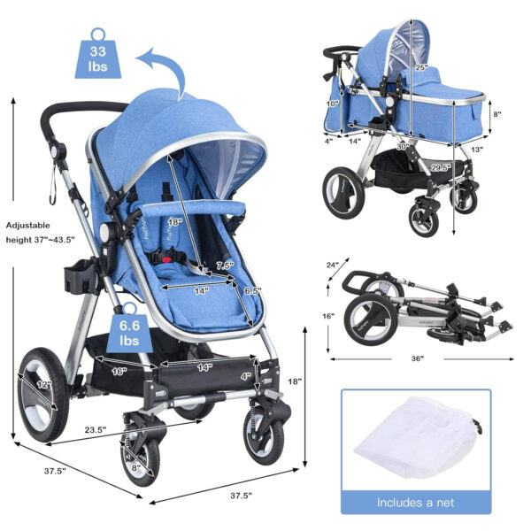 BABY JOY Baby Stroller, 2-in-1 Convertible Bassinet Reclining Stroller, Foldable Pram Carriage with 5-Point Harness, Including Cup Holder, Foot Cover, Diaper Bag, Aluminum Structure, Gray