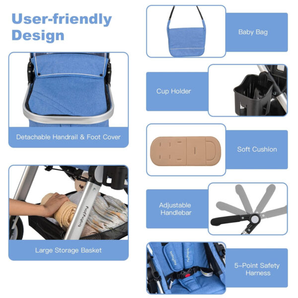 BABY JOY Baby Stroller, 2-in-1 Convertible Bassinet Reclining Stroller, Foldable Pram Carriage with 5-Point Harness, Including Cup Holder, Foot Cover, Diaper Bag, Aluminum Structure, Gray