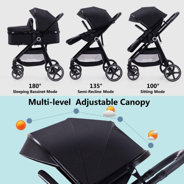 2-in-1 Baby Stroller with Bassinet Mode - Folding Infant Newborn Pram Stroller with Reversible Seat - Toddler Strollers for 0-36 Months Old Babies