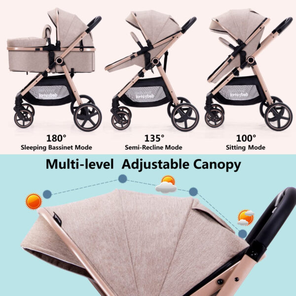 2-in-1 Baby Stroller with Bassinet Mode - Folding Infant Newborn Pram Stroller with Reversible Seat - Toddler Strollers for 0-36 Months Old Babies
