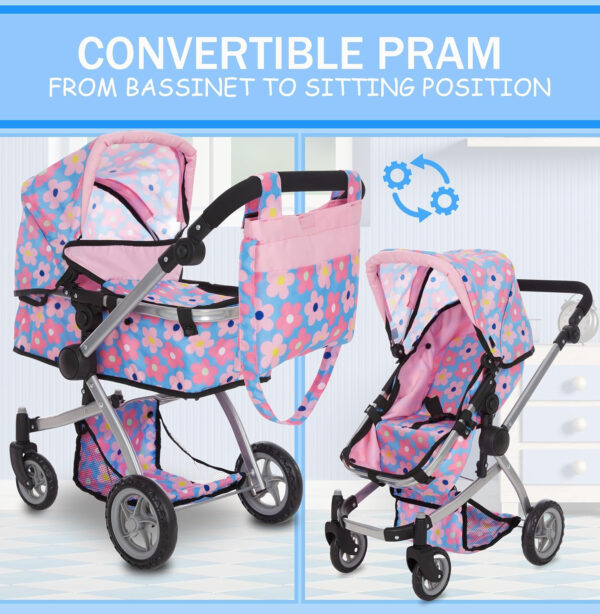 Dolls To Play Baby Doll Convertible Pram Stroller for Kids, Adjustable Handle Foldable Buggy Carriage with Canopy and Storage Basket Heavy Duty Premium Quality - 25 Inch
