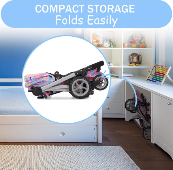 Dolls To Play Baby Doll Convertible Pram Stroller for Kids, Adjustable Handle Foldable Buggy Carriage with Canopy and Storage Basket Heavy Duty Premium Quality - 25 Inch