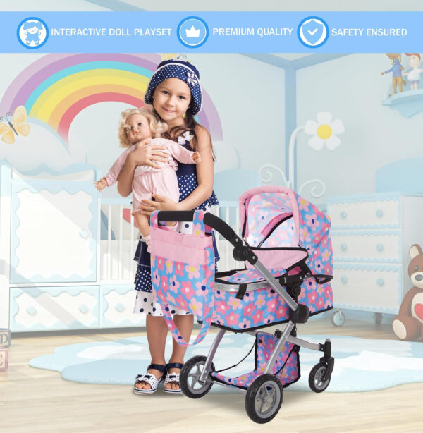Dolls To Play Baby Doll Convertible Pram Stroller for Kids, Adjustable Handle Foldable Buggy Carriage with Canopy and Storage Basket Heavy Duty Premium Quality - 25 Inch