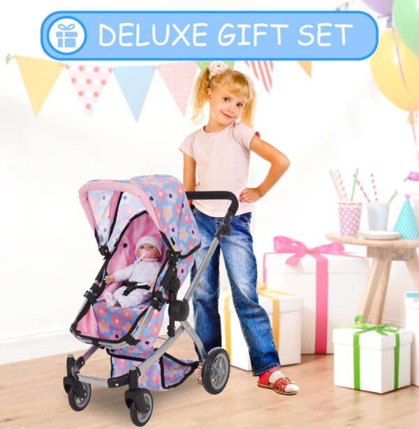 Dolls To Play Baby Doll Convertible Pram Stroller for Kids, Adjustable Handle Foldable Buggy Carriage with Canopy and Storage Basket Heavy Duty Premium Quality - 25 Inch
