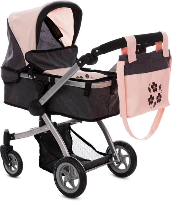 Dolls To Play Baby Doll Convertible Pram Stroller for Kids, Adjustable Handle Foldable Buggy Carriage with Canopy and Storage Basket Heavy Duty Premium Quality - 25 Inch