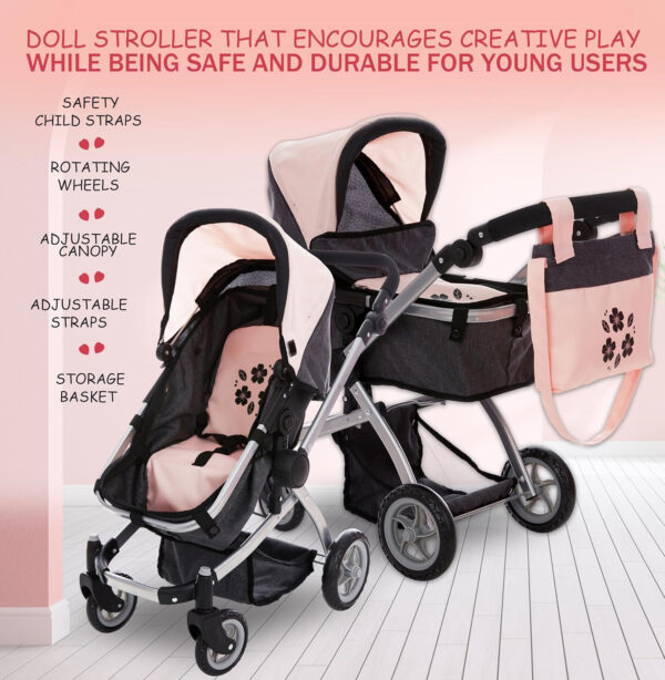 Dolls To Play Baby Doll Convertible Pram Stroller for Kids, Adjustable Handle Foldable Buggy Carriage with Canopy and Storage Basket Heavy Duty Premium Quality - 25 Inch