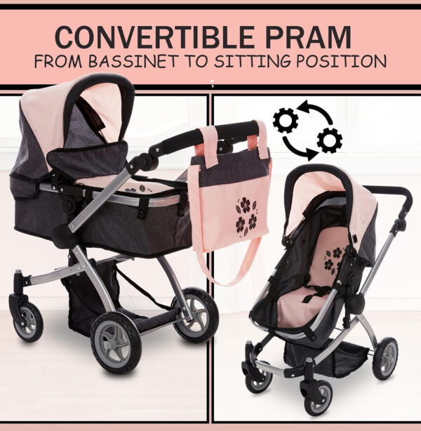 Dolls To Play Baby Doll Convertible Pram Stroller for Kids, Adjustable Handle Foldable Buggy Carriage with Canopy and Storage Basket Heavy Duty Premium Quality - 25 Inch