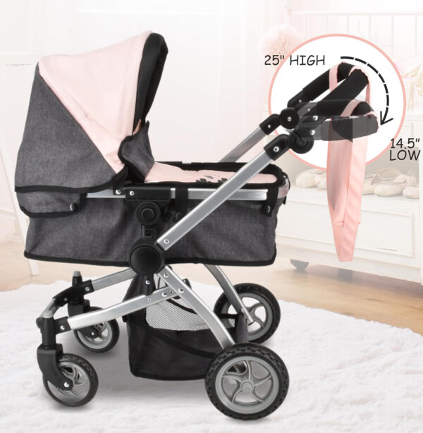 Dolls To Play Baby Doll Convertible Pram Stroller for Kids, Adjustable Handle Foldable Buggy Carriage with Canopy and Storage Basket Heavy Duty Premium Quality - 25 Inch