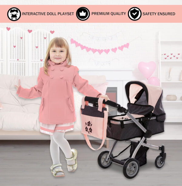 Dolls To Play Baby Doll Convertible Pram Stroller for Kids, Adjustable Handle Foldable Buggy Carriage with Canopy and Storage Basket Heavy Duty Premium Quality - 25 Inch