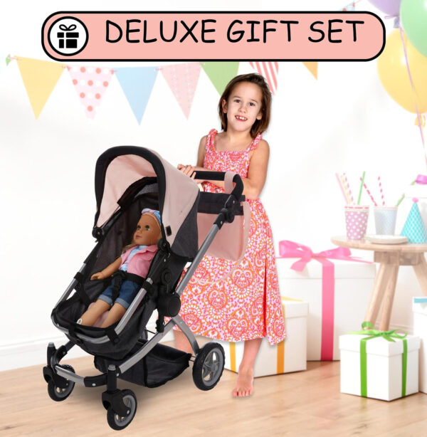 Dolls To Play Baby Doll Convertible Pram Stroller for Kids, Adjustable Handle Foldable Buggy Carriage with Canopy and Storage Basket Heavy Duty Premium Quality - 25 Inch