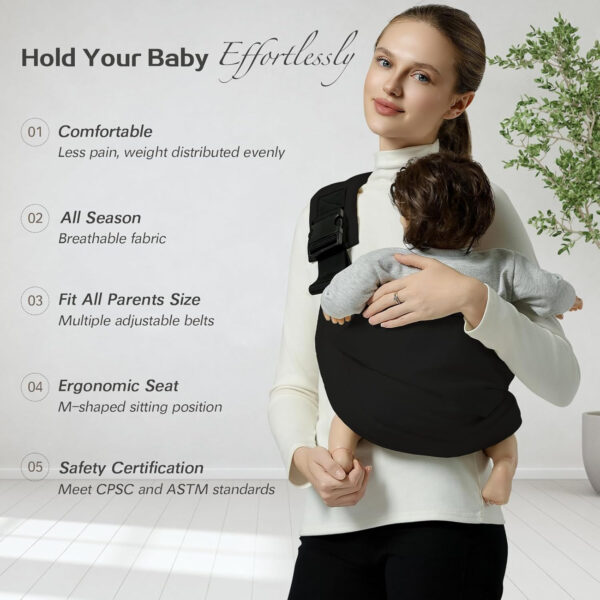 Baby Sling Carrier, Toddler Carrier Sling with Double Safety Buckle and Adjustable Shoulder Strap, Baby Carriers One Size Fits All, Black