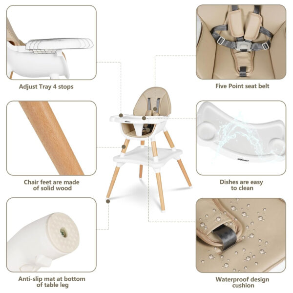 Gofirst 6 in 1 Convertible Wooden High Chair for Babies and Toddlers - Infant Dining Booster Seat With Building Block Table and 4-Position Removable Feeding Chair