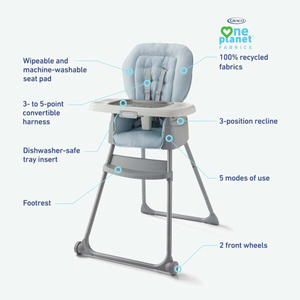 Graco Slim Snacker High Chair, Ultra Slim, Fast-Folding, Multiple Recline Positions, Comfortable Feeding, Whisk