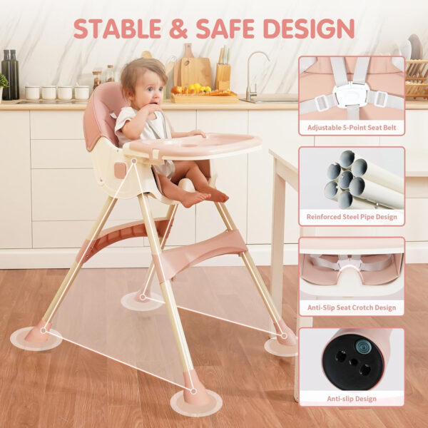 Baby High Chair, 6 in 1 Convertible High Chairs for Babies and Toddlers with 5-Point Safety Harness,Foldable High Chair for Space-Saving, Adjustable Dining Tray,Backrest & Height,Easy to Clean Surface