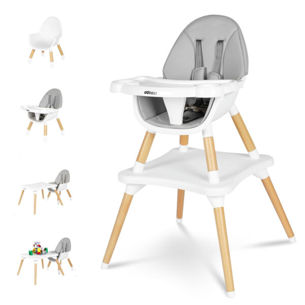 Gofirst 6 in 1 Convertible Wooden High Chair for Babies and Toddlers - Infant Dining Booster Seat With Building Block Table and 4-Position Removable Feeding Chair