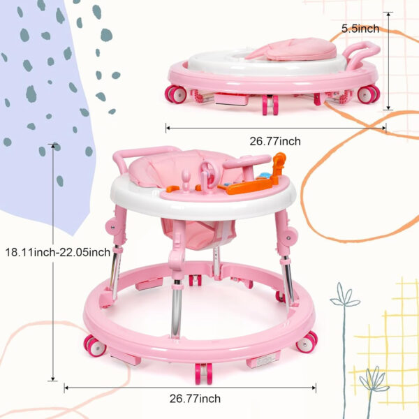 Music and Lights Baby Walker Foldable with 9 Adjustable Heights, Baby Walker with Wheels Portable, Infant Toddler Walker for Baby Boy Girls 6-18 Months