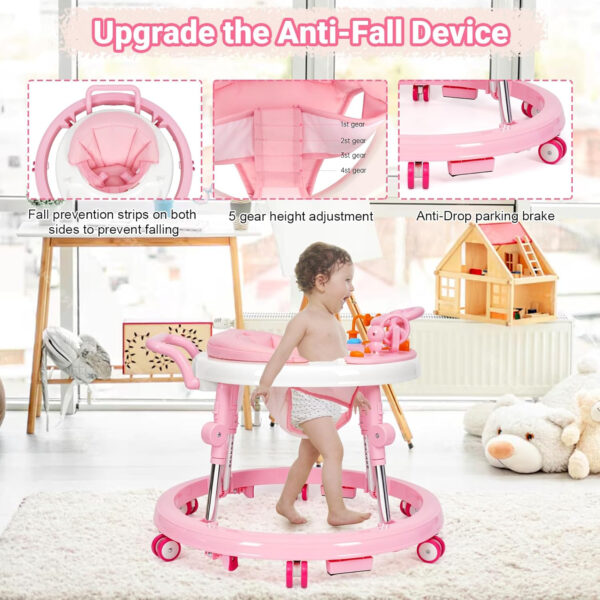 Music and Lights Baby Walker Foldable with 9 Adjustable Heights, Baby Walker with Wheels Portable, Infant Toddler Walker for Baby Boy Girls 6-18 Months