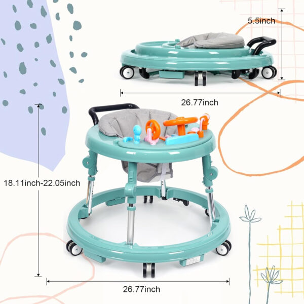 Music and Lights Baby Walker Foldable with 9 Adjustable Heights, Baby Walker with Wheels Portable, Infant Toddler Walker for Baby Boy Girls 6-18 Months