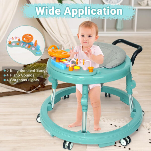 Music and Lights Baby Walker Foldable with 9 Adjustable Heights, Baby Walker with Wheels Portable, Infant Toddler Walker for Baby Boy Girls 6-18 Months
