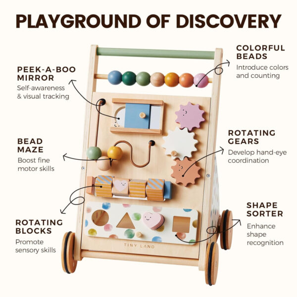 Tiny Land Baby Push Walker, Wooden Baby Walker for Girls, Adjustable Speed Walkers for Baby Boys, Montessori Walker Toy, Baby Activity Center, Push Toys for Kids Development (Morandi)