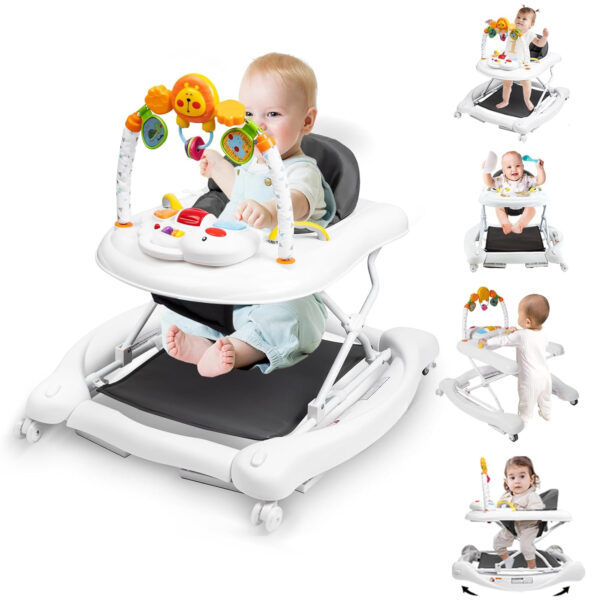 Baby Walker, 5-in-1 Baby Walkers for Boys and Girls 6-12 Months with Bouncer, Removable Footrest, Feeding Tray & Music, Foldable & Adjustable Activity Walker for 6-18 Months Toddler Infant