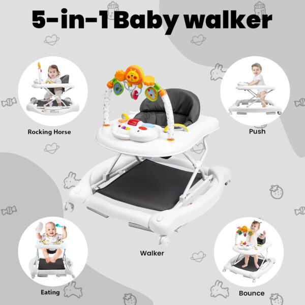 Baby Walker, 5-in-1 Baby Walkers for Boys and Girls 6-12 Months with Bouncer, Removable Footrest, Feeding Tray & Music, Foldable & Adjustable Activity Walker for 6-18 Months Toddler Infant