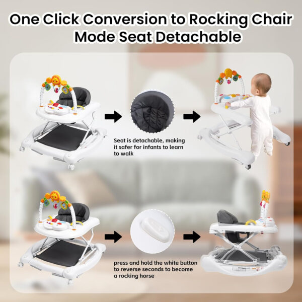 Baby Walker, 5-in-1 Baby Walkers for Boys and Girls 6-12 Months with Bouncer, Removable Footrest, Feeding Tray & Music, Foldable & Adjustable Activity Walker for 6-18 Months Toddler Infant