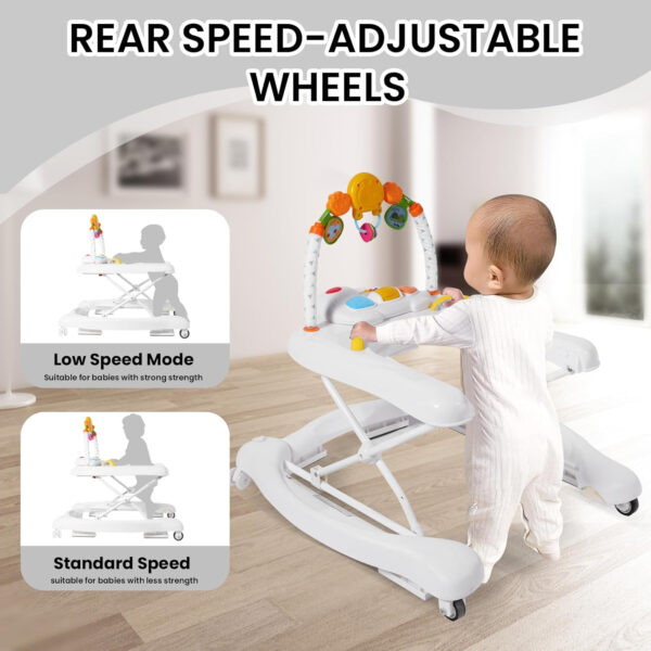 Baby Walker, 5-in-1 Baby Walkers for Boys and Girls 6-12 Months with Bouncer, Removable Footrest, Feeding Tray & Music, Foldable & Adjustable Activity Walker for 6-18 Months Toddler Infant