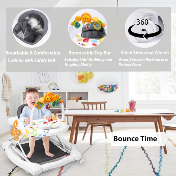 Baby Walker, 5-in-1 Baby Walkers for Boys and Girls 6-12 Months with Bouncer, Removable Footrest, Feeding Tray & Music, Foldable & Adjustable Activity Walker for 6-18 Months Toddler Infant