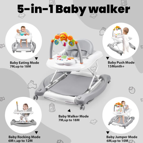 Baby Walker, 5-in-1 Baby Walkers for Boys and Girls 6-12 Months with Bouncer, Removable Footrest, Feeding Tray & Music, Foldable & Adjustable Activity Walker for 6-18 Months Toddler Infant