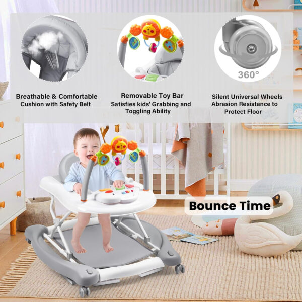 Baby Walker, 5-in-1 Baby Walkers for Boys and Girls 6-12 Months with Bouncer, Removable Footrest, Feeding Tray & Music, Foldable & Adjustable Activity Walker for 6-18 Months Toddler Infant