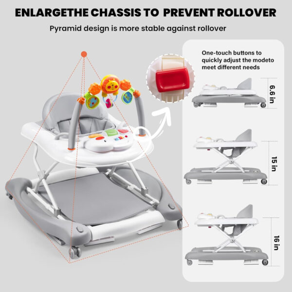 Baby Walker, 5-in-1 Baby Walkers for Boys and Girls 6-12 Months with Bouncer, Removable Footrest, Feeding Tray & Music, Foldable & Adjustable Activity Walker for 6-18 Months Toddler Infant