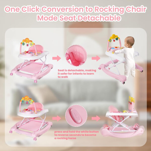 Baby Walker, 5-in-1 Baby Walkers for Boys and Girls 6-12 Months with Bouncer, Removable Footrest, Feeding Tray & Music, Foldable & Adjustable Activity Walker for 6-18 Months Toddler Infant