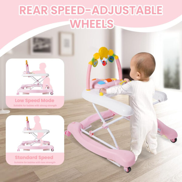 Baby Walker, 5-in-1 Baby Walkers for Boys and Girls 6-12 Months with Bouncer, Removable Footrest, Feeding Tray & Music, Foldable & Adjustable Activity Walker for 6-18 Months Toddler Infant