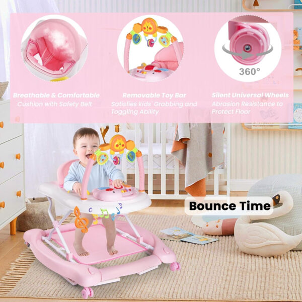 Baby Walker, 5-in-1 Baby Walkers for Boys and Girls 6-12 Months with Bouncer, Removable Footrest, Feeding Tray & Music, Foldable & Adjustable Activity Walker for 6-18 Months Toddler Infant