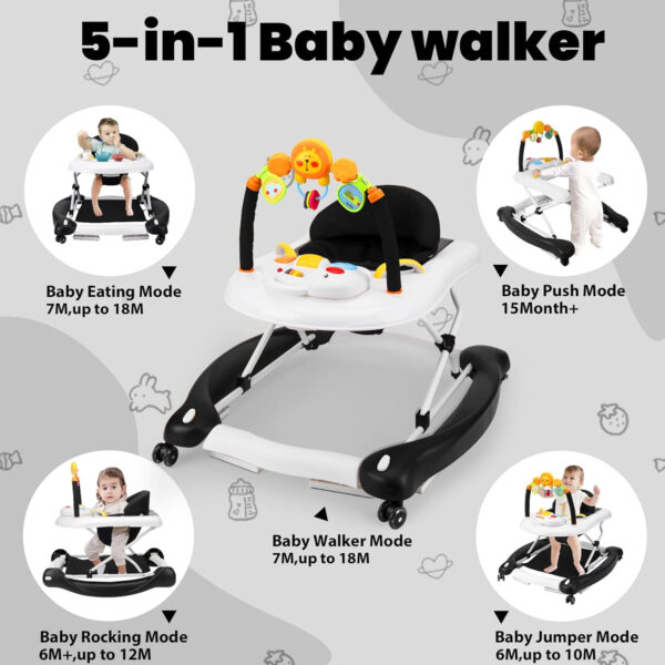 Baby Walker, 5-in-1 Baby Walkers for Boys and Girls 6-12 Months with Bouncer, Removable Footrest, Feeding Tray & Music, Foldable & Adjustable Activity Walker for 6-18 Months Toddler Infant