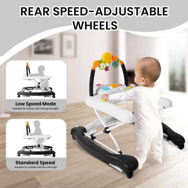 Baby Walker, 5-in-1 Baby Walkers for Boys and Girls 6-12 Months with Bouncer, Removable Footrest, Feeding Tray & Music, Foldable & Adjustable Activity Walker for 6-18 Months Toddler Infant