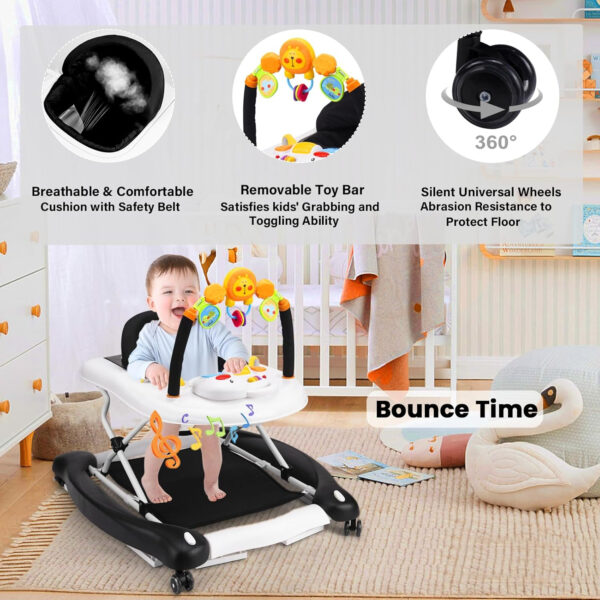 Baby Walker, 5-in-1 Baby Walkers for Boys and Girls 6-12 Months with Bouncer, Removable Footrest, Feeding Tray & Music, Foldable & Adjustable Activity Walker for 6-18 Months Toddler Infant