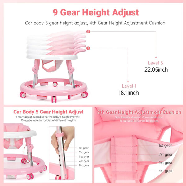 Baby Walker Foldable with 9 Adjustable Heights, Baby Walker with Wheels Portable, Infant Toddler Walker for Baby Boy Girls 6-18 Months