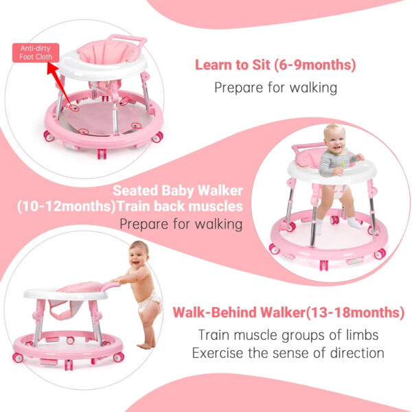 Baby Walker Foldable with 9 Adjustable Heights, Baby Walker with Wheels Portable, Infant Toddler Walker for Baby Boy Girls 6-18 Months
