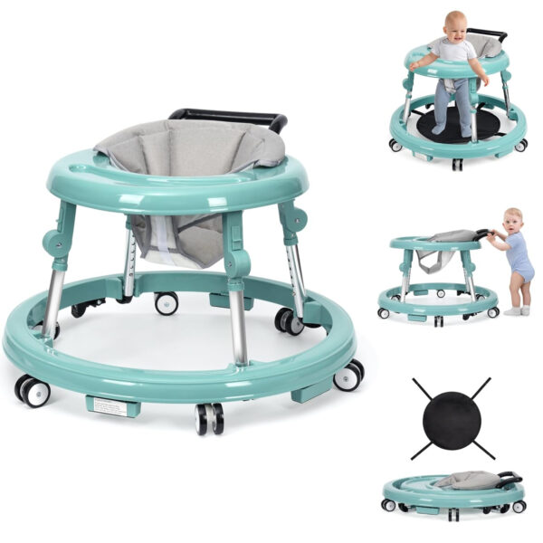 Baby Walker Foldable with 9 Adjustable Heights, Baby Walker with Wheels Portable, Infant Toddler Walker for Baby Boy Girls 6-18 Months