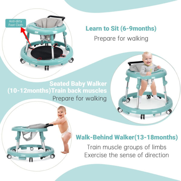 Baby Walker Foldable with 9 Adjustable Heights, Baby Walker with Wheels Portable, Infant Toddler Walker for Baby Boy Girls 6-18 Months