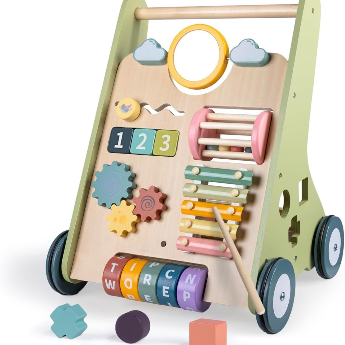 Wooden Baby Walker with Wheels, Baby Walker for Boys 6-12 Months Push Toy, Montessori Walking Toys for 1 Year Old Activity Center