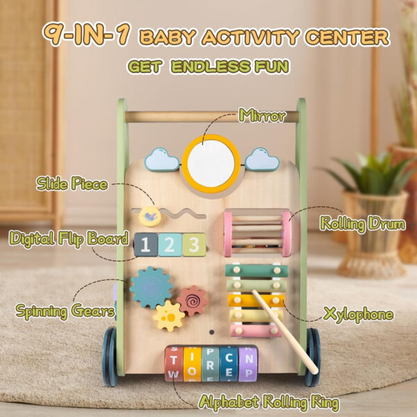 Wooden Baby Walker with Wheels, Baby Walker for Boys 6-12 Months Push Toy, Montessori Walking Toys for 1 Year Old Activity Center