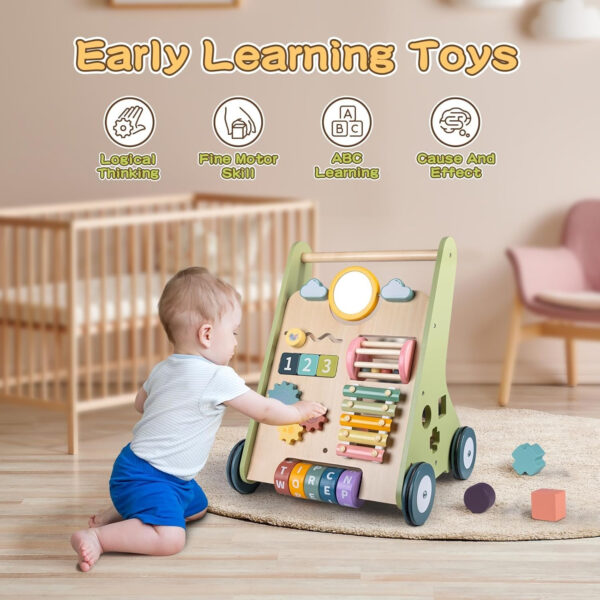 Wooden Baby Walker with Wheels, Baby Walker for Boys 6-12 Months Push Toy, Montessori Walking Toys for 1 Year Old Activity Center
