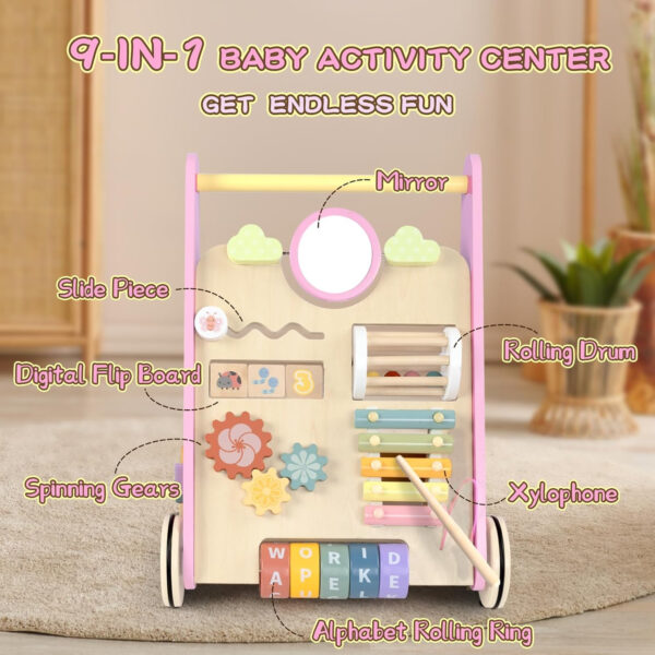 Wooden Baby Walker with Wheels, Baby Walker for Boys 6-12 Months Push Toy, Montessori Walking Toys for 1 Year Old Activity Center