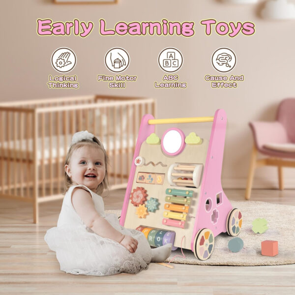 Wooden Baby Walker with Wheels, Baby Walker for Boys 6-12 Months Push Toy, Montessori Walking Toys for 1 Year Old Activity Center
